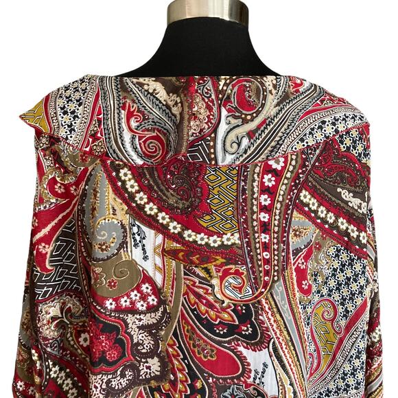 Dressbarn Burgundy Gold Paisley Print Ruffled Collar Chiffon Blouse Size 2X Fall - Picture 6 of 10